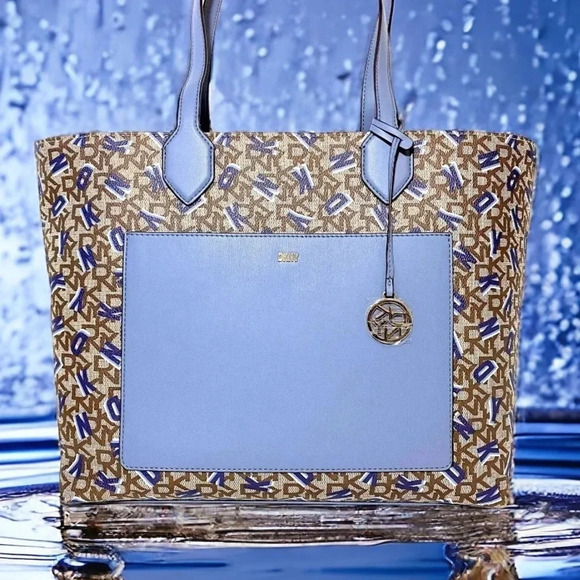 DKNY Shoulder Tote Satchel Bag Monogram Print Blue, Brown NWT - Picture 1 of 13